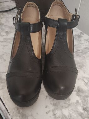 Women's Black T-Strap Clog Mules with Ankle Buckle
